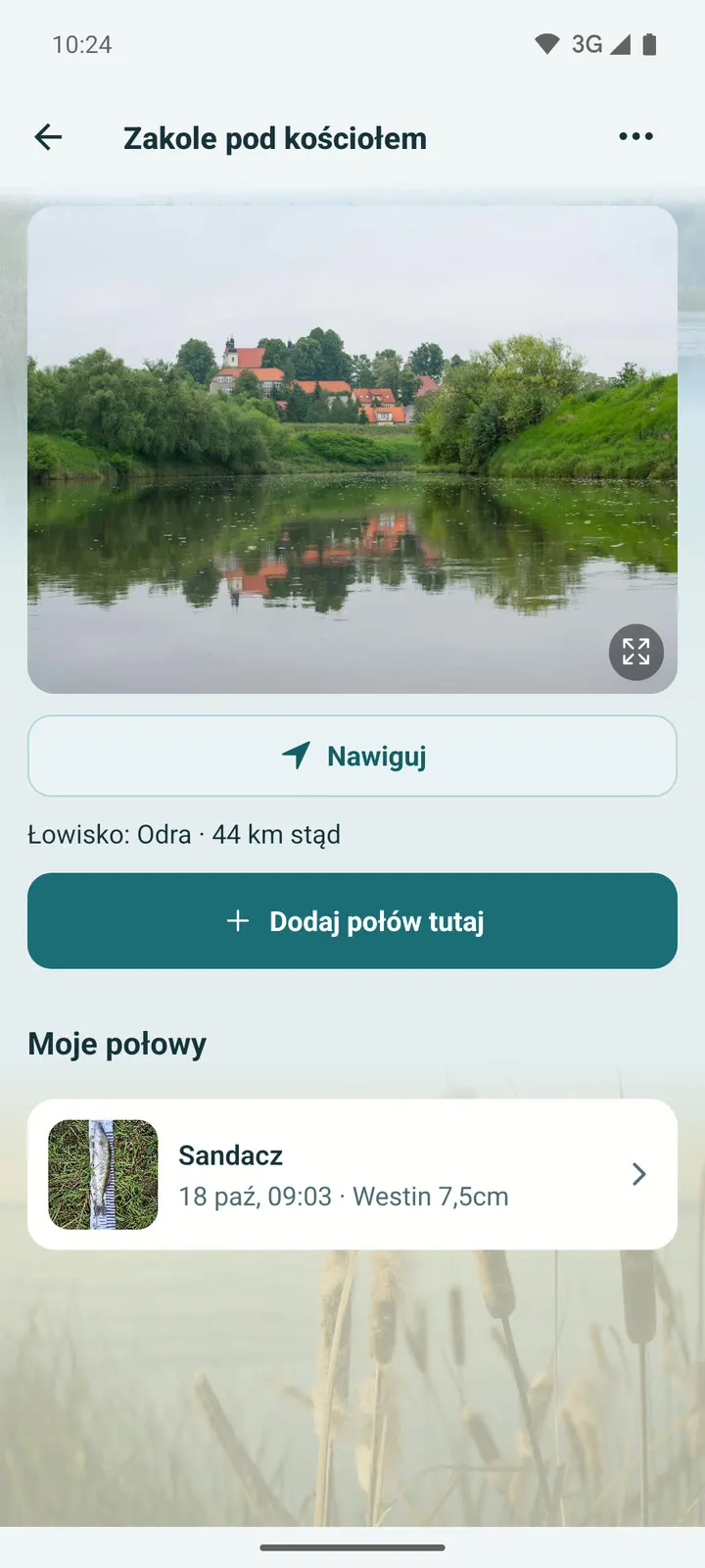 Miejsce Zakole pod kościołem: zdjęcie wody, przycisk Nawiguj i połów sandacza