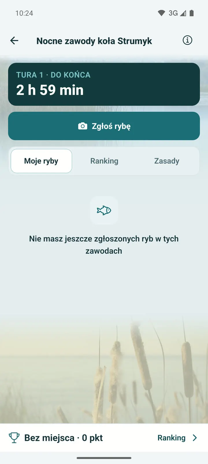 Ekran Na żywo: odliczanie do końca tury i przycisk Zgłoś rybę