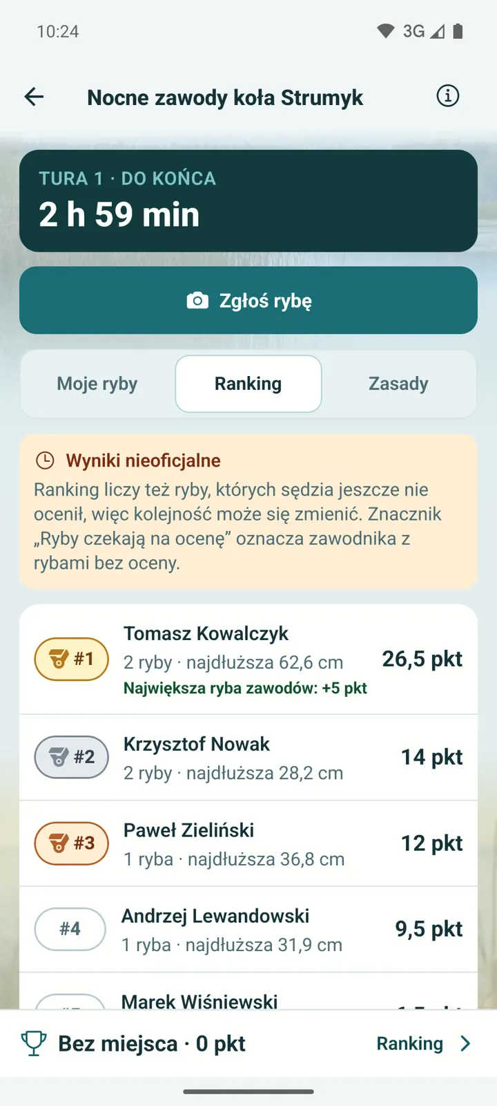 Ranking na żywo w trakcie tury z medalami za pierwsze trzy miejsca