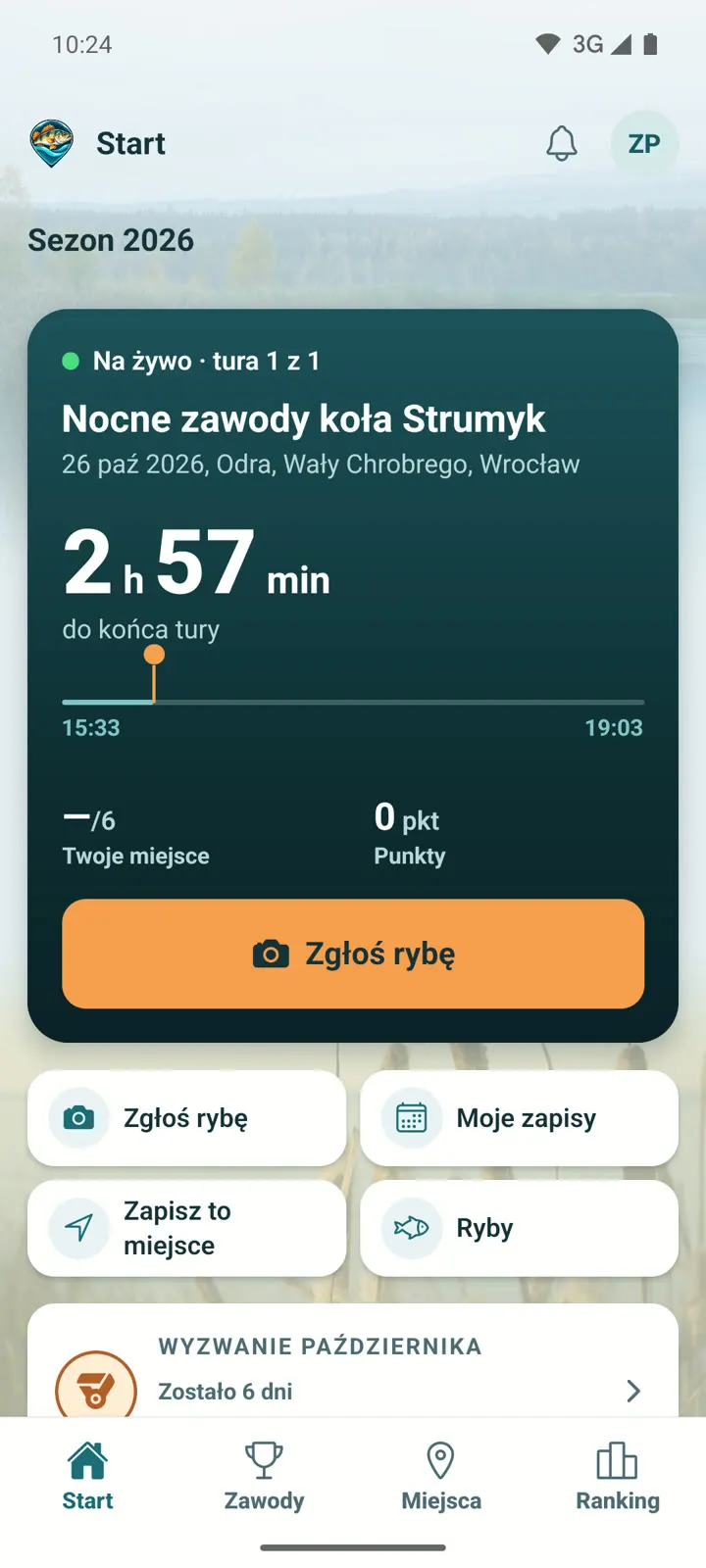 Ekran Start z trwającymi zawodami i przyciskiem Zgłoś rybę